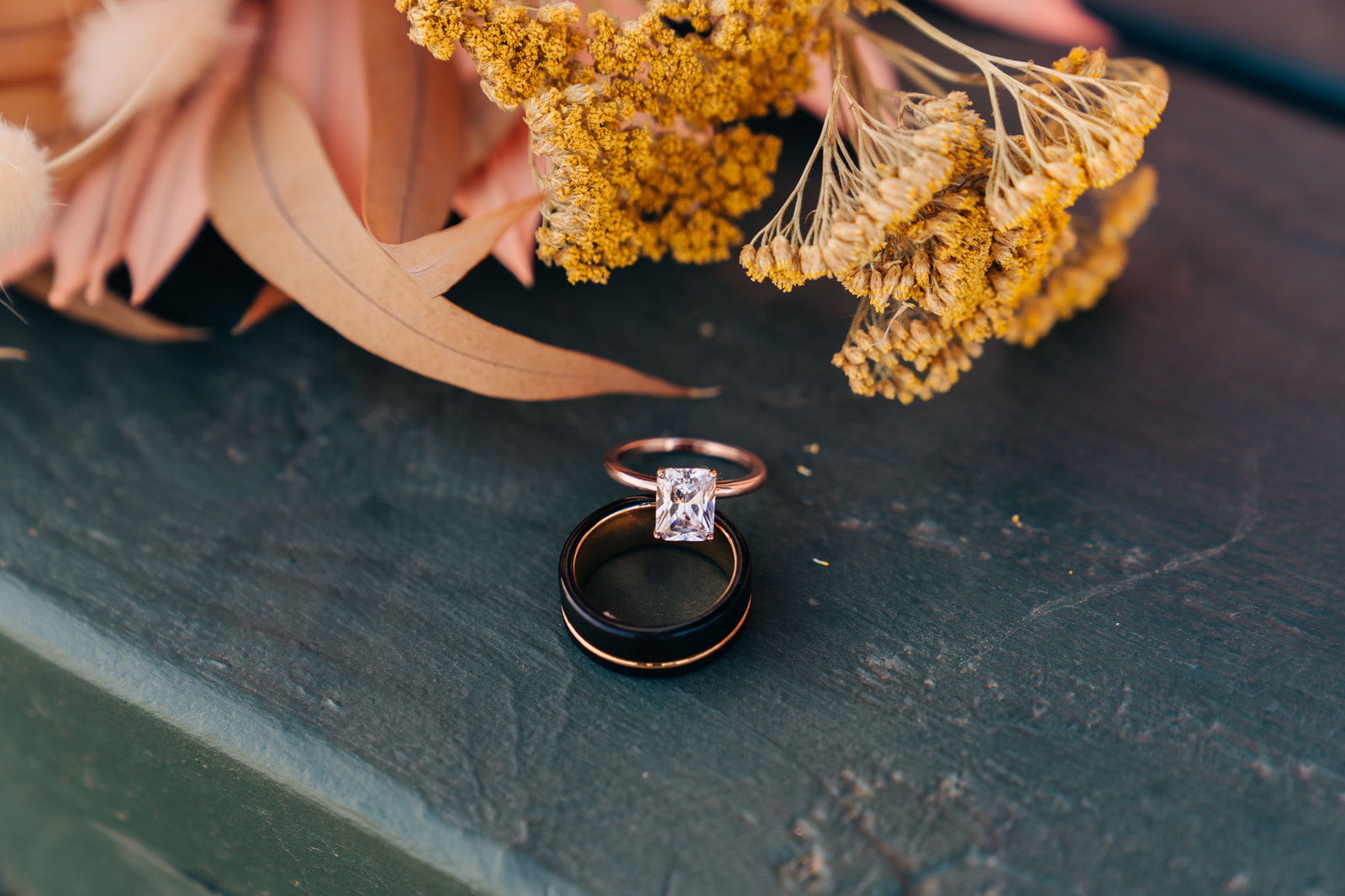 Wedding rings with dried florals