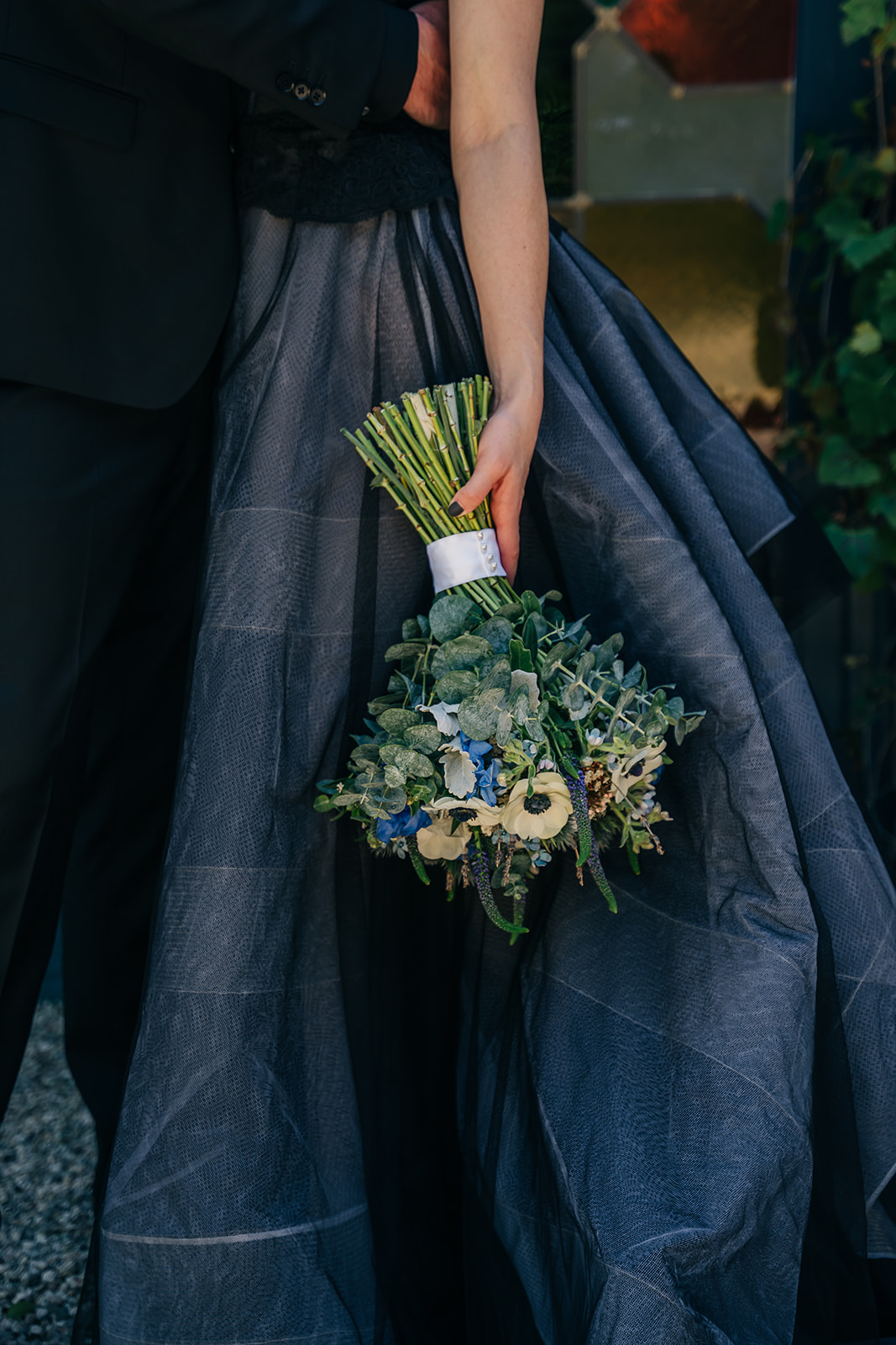 Black wedding dress with native flowers